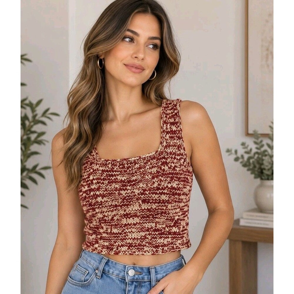 Vintage RICO Knit Crop Top Tank Maroon Cream Cotton Square Neck Size S/M Y2K
